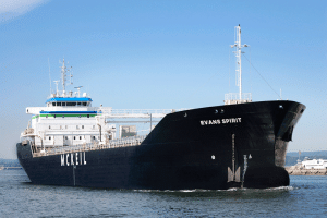 Bulk Carrier, Evans Spirit, on the Great Lakes." title="The Evans Spirit is named after McKeil Marine founder Evans McKeil.